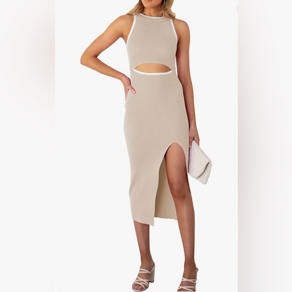 Women's Sleeveless Cut Out Side Slit Ribbed Knit Bodycon Tank Midi Dress